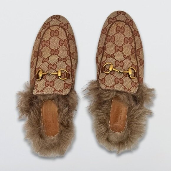 Gucci Princetown Loafer Slide Mule Slipper Fur Leather Trim Beige Brown 35 - Picture 1 of 13